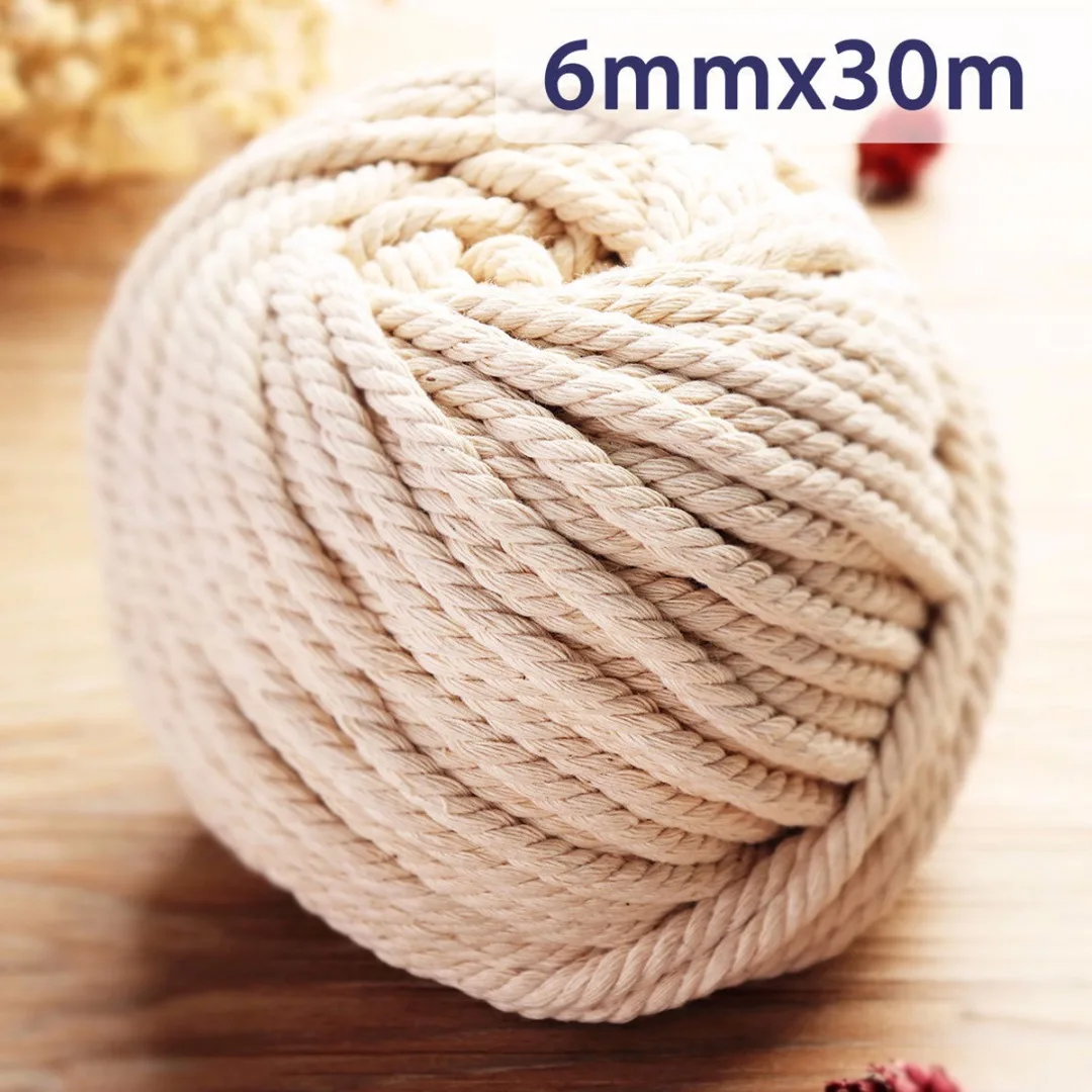 1 Roll 30M Macrame Rope Natural Beige Cotton Twisted Cord Artisan Hand Craft 6mm