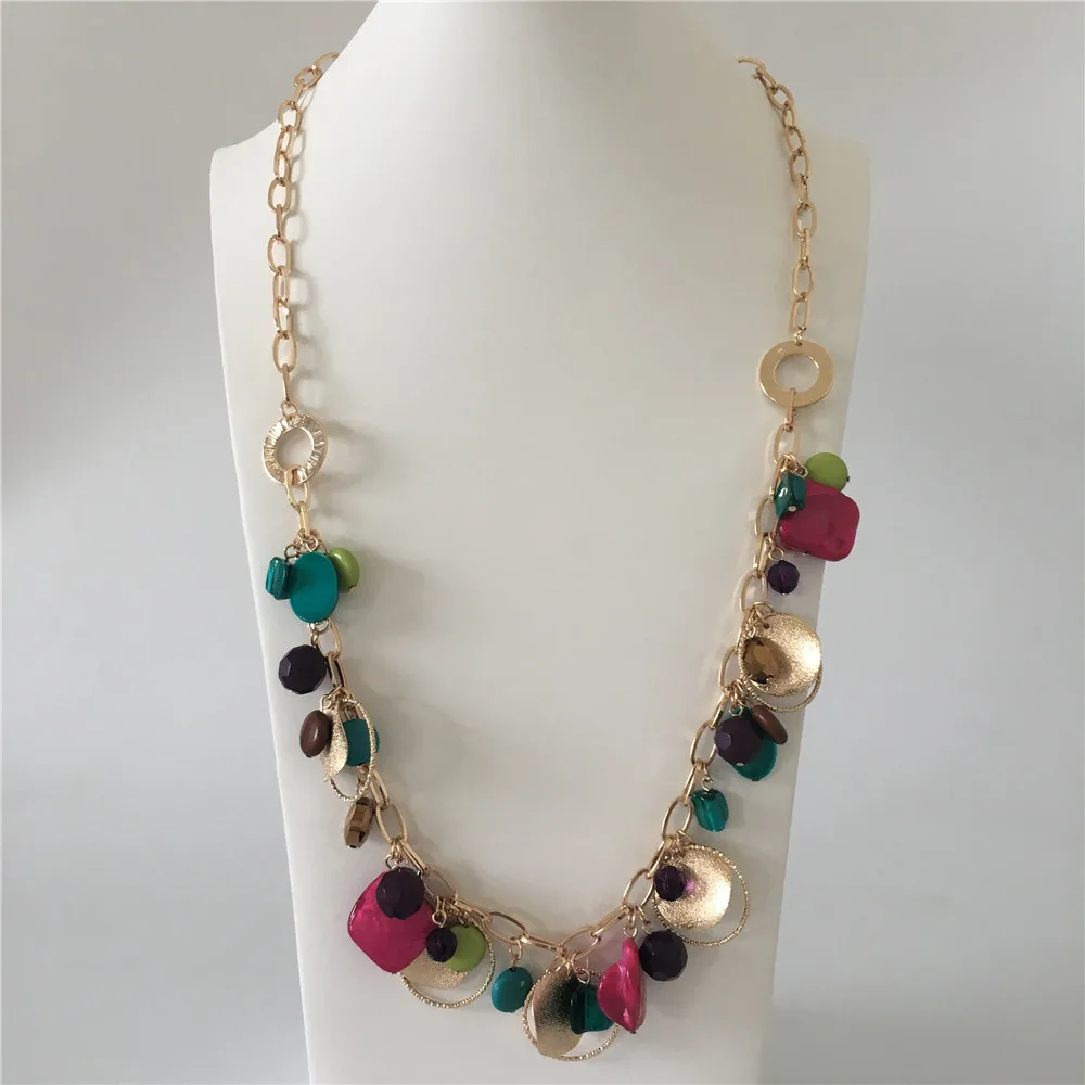 

PRETTY WOMEN NECKLACE GOLD COLOR PLATING COLORFUL BEAD ROUND DISC CHARM LONG NECKLACE FOR WOMEN GIRL