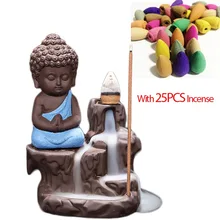 25 шт. благовония конус+ синяя керамическая курильница «Будда» домашний декор милый Монах Будда фиолетовая глина курильница с обратным потоком ароматическая палочка благовония база