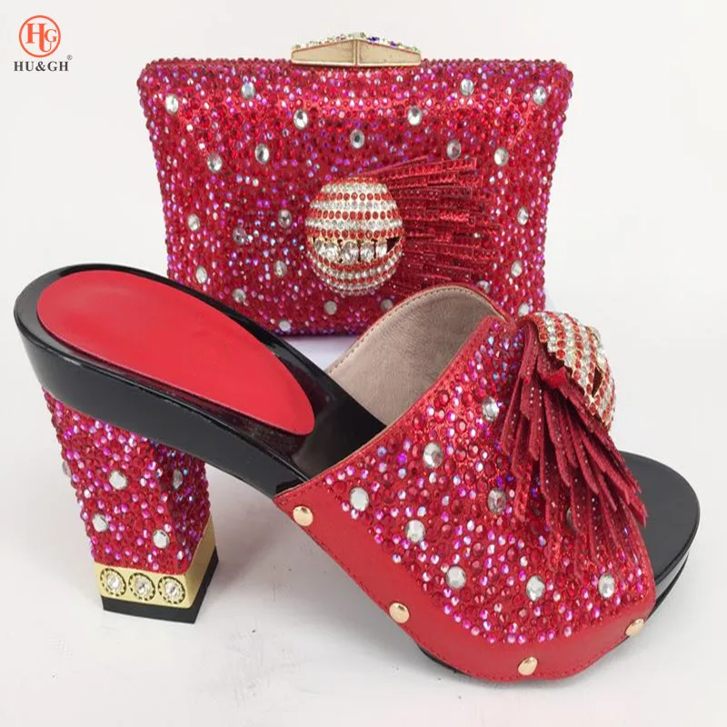 

Red Color 2018 New Arrival Shoes and Bag Set African Sets Nigerian Women Shoes and Matching Bags Set Decorated with Rhinestone