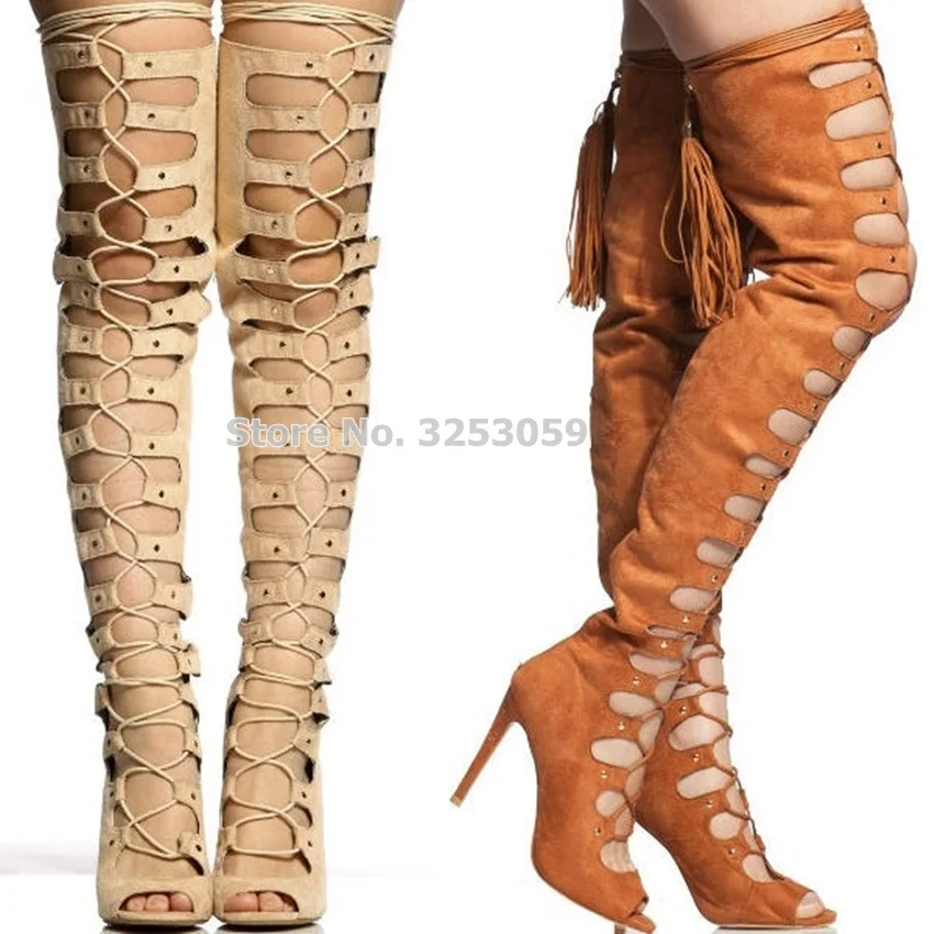 ALMUDENA Women Chic Nude Brown Black Studded Tassel Tall Boots Thigh High Cut-out Fringe Tassel Boots Open Toe Thin High Heels ALMUDENA Women Chic Nude Brown Black Studded Tassel Tall Boots Thigh High Cut-out Fringe Tassel Boots Open Toe Thin High Heels
