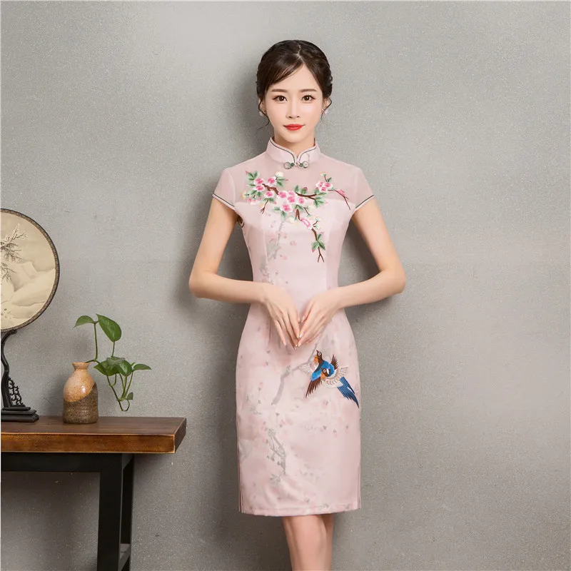 Nueva moda bordado Cheongsam vestidos mujeres chino tradicional ropa Qi Pao Восточная Роза vestido Диарио Бата