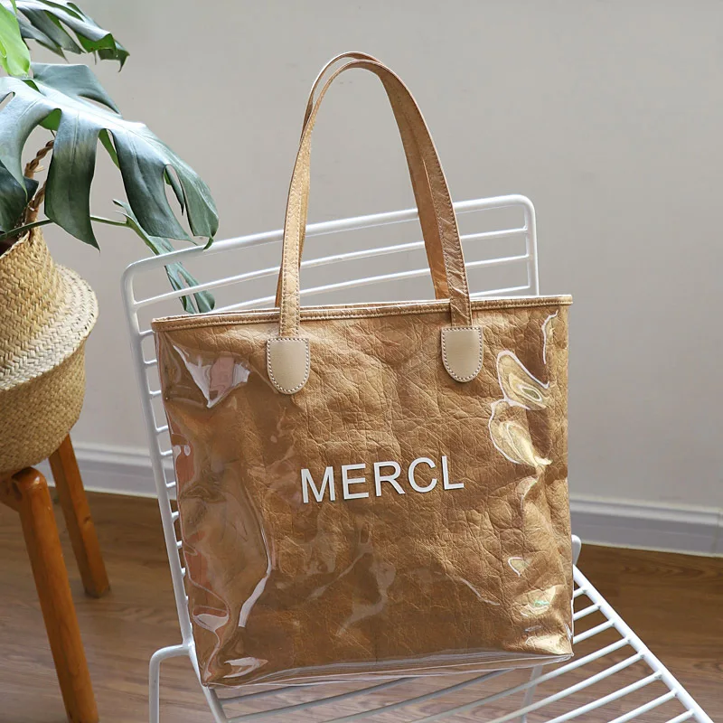 

Double Transparent PVC Women Shoulder Bag Handbag Waterproof Kraft Paper Beach Bag Women Shopping Bags Sac Main Femme Bolsa