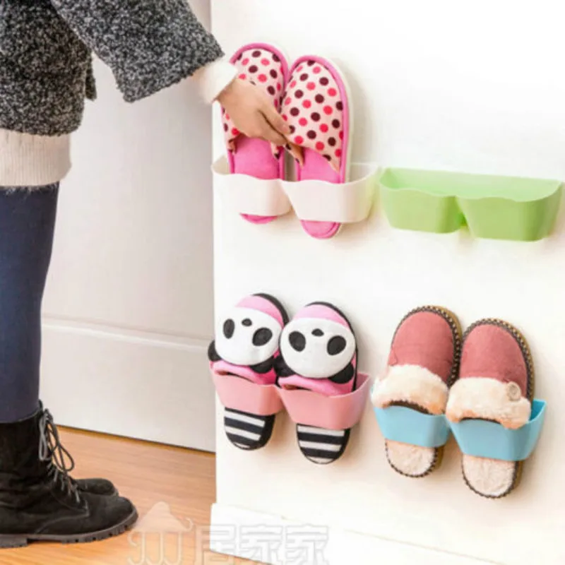 

Wall-Mounted Sticky Hanging Shoes Hook Shelf Rack Shoes Storage Holders Racks Organization Pink Blue Green White 1PC