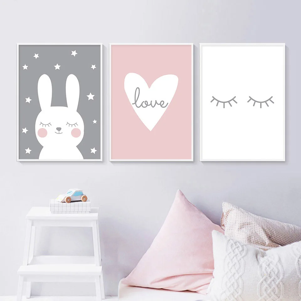 Baby-Nursery-Wall-Art-Canvas-Print-Cartoon-Rabbit-Heart-Poster-Simple-Painting-Decorative-Picture-Nordic-Kids