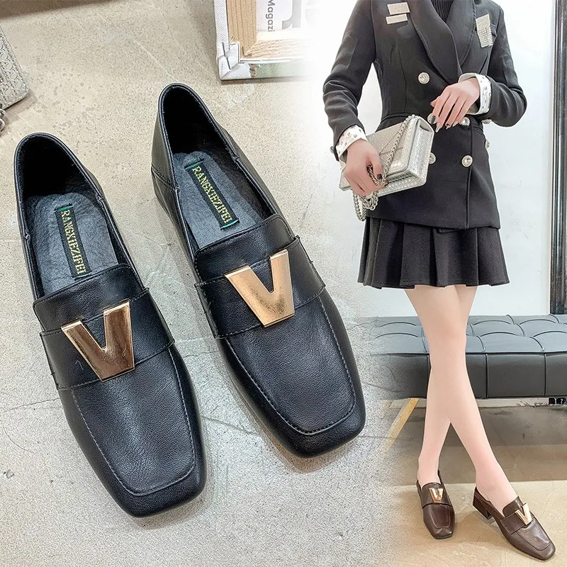 

chaussures femme 2019 work solid Women Pumps square Toe metal decoration slip-on two wears slippers square heels ladies shoes