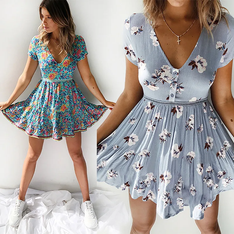 

Women Floral Printed Dress Vintage 2019 Summer Beach Dress Short Sleeve V-Neck Casual Dress Female A-Line Retro Dress Vestidos