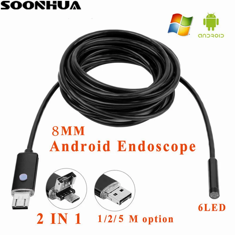 

SOONHUA 1m/2m/5m Waterproof 2 IN 1 Android PC Endoscope Inspection USB Borescope Tube Snake Mini Camera 8MM Lens With 6 LED