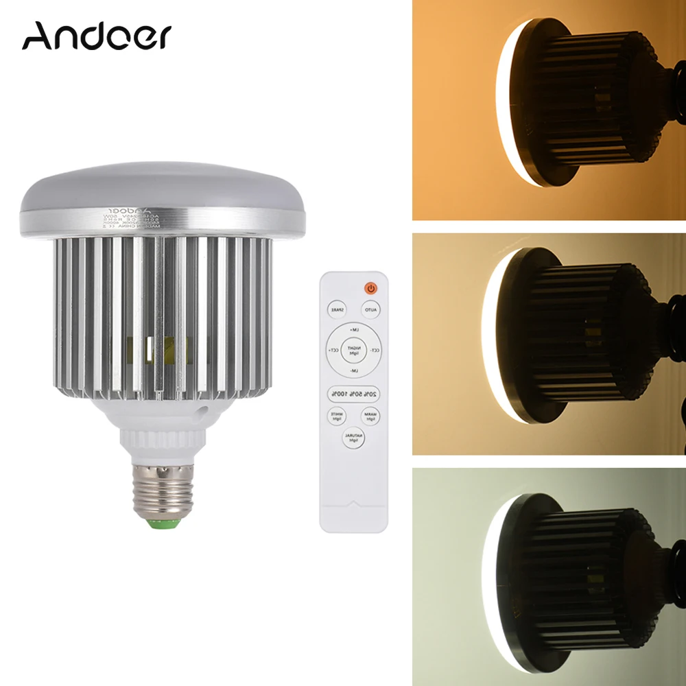 Andoer E27 50 Вт Светодиодная лампа для видеосъемки Регулируемая яркость 3200K ~ 5600K