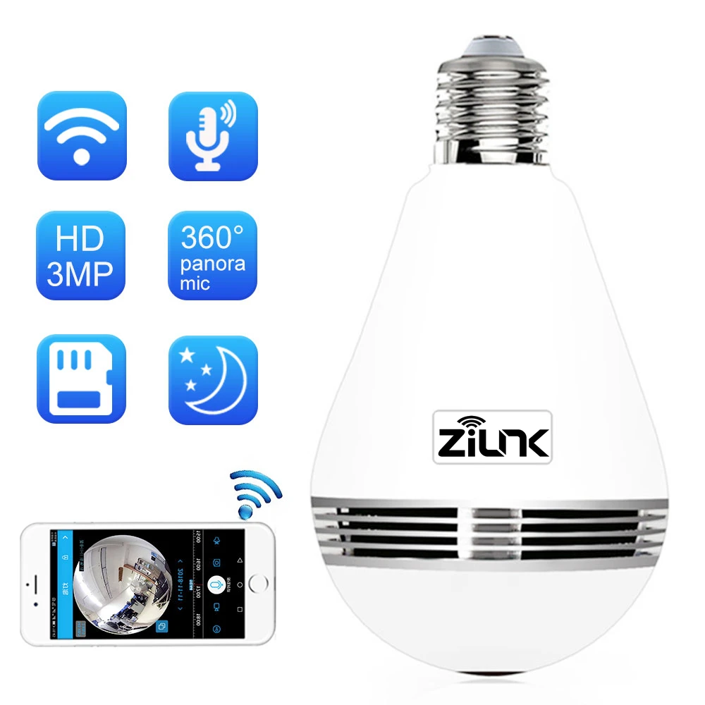 

3MP HD Bulb Light Wireless WiFi Camera Mini Lamp Fisheye 360 Degree Panorama IP Camera Security IR Night Vision Two Way Audio