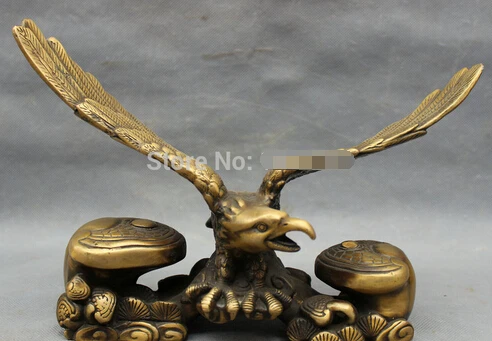 

011" Chinese Bronze Folk FengShui Bird Fly Eagle Hawk On JiXiang RuYi Statue