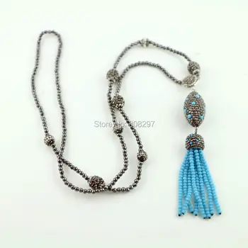 

Wholesale 4Pcs Pave Crystal Rhinestone Olive Bead with Crystal Tassel Pendant Necklace, Hematite Beaded Necklace