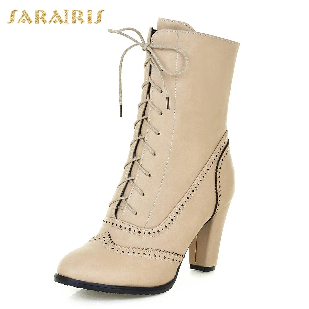 SARAIRIS/; большие размеры 32-43; женская обувь на шнуровке; ; Модные ботильоны на меху на квадратном каблуке; зимние теплые ботинки - Цвет: beige without fur