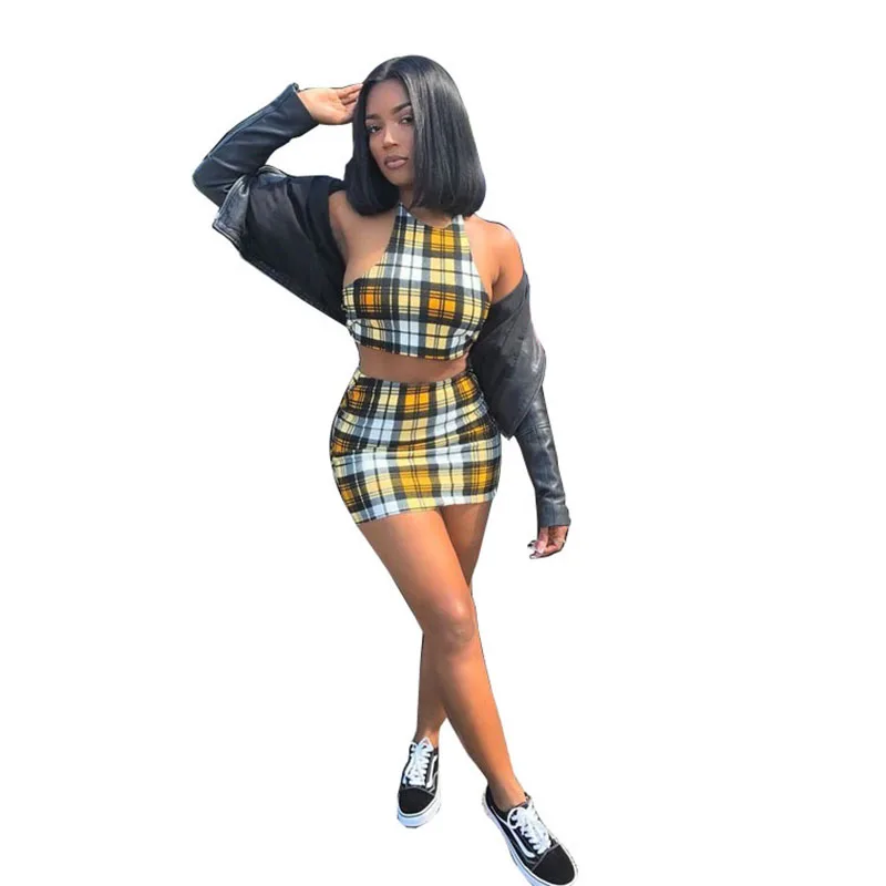

2019 Summer Two piece Set Outfits Sexy Yellow Plaid Crop Top Bralette and Skirt Women's Sets Summer Female Party Clubwear
