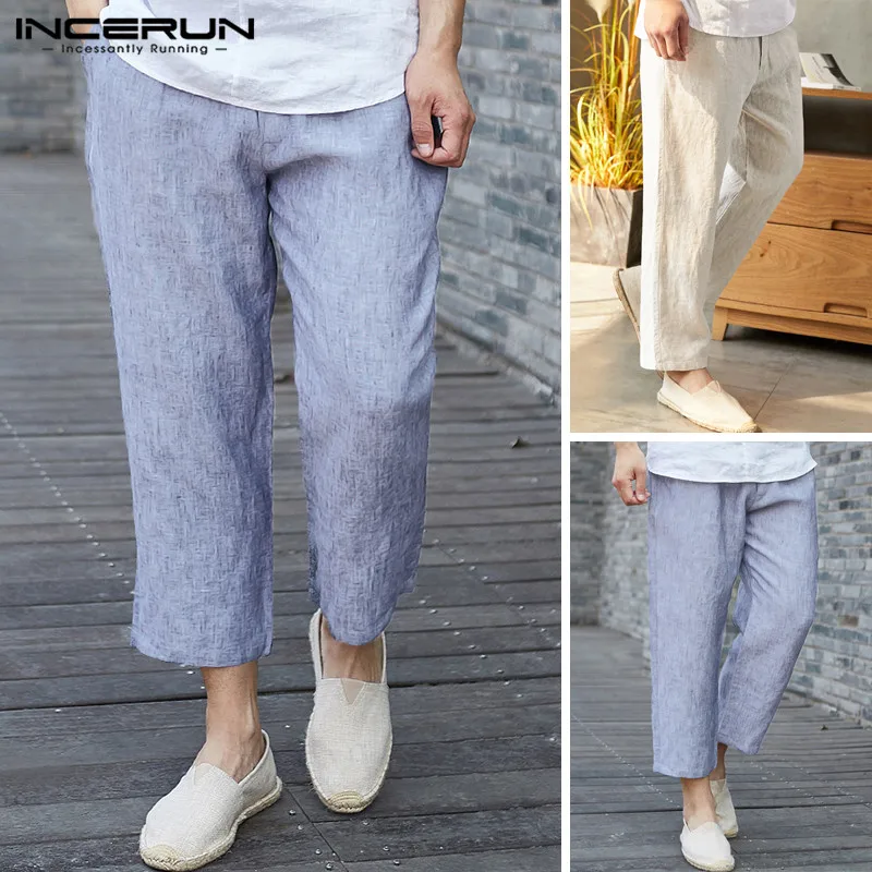 

INCERUN Loose Summer Linen Cropped Men's Wide Leg Trousers Chinese Style Thin Section Cotton Casual Men's 2020 Beach Pants 5XL