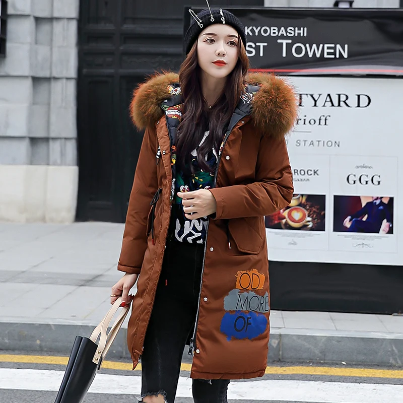 Winter Caramel Print Jacket Women Thick Warm Big Fur Hooded Parka Mujer