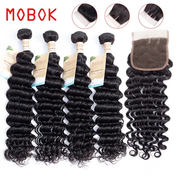 

Mobok Brazilian Deep Wave Hair Weave 3 Bundles With Closure Human Hair Weaving With 4*4 Lace Closure Top Remy Brazilian Hair