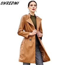 SWREDMI женский двубортный кожаный Тренч коричневого цвета кожаное пальто Женская Весенняя Осенняя Длинная кожаная одежда в западном стиле