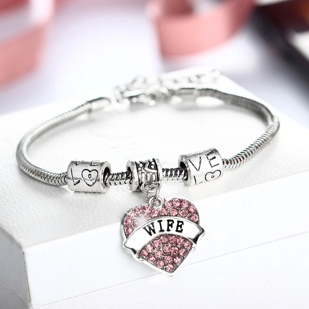 Charm Pink Clear Crystal Heart WIFE Bracelet Family Women Ladies