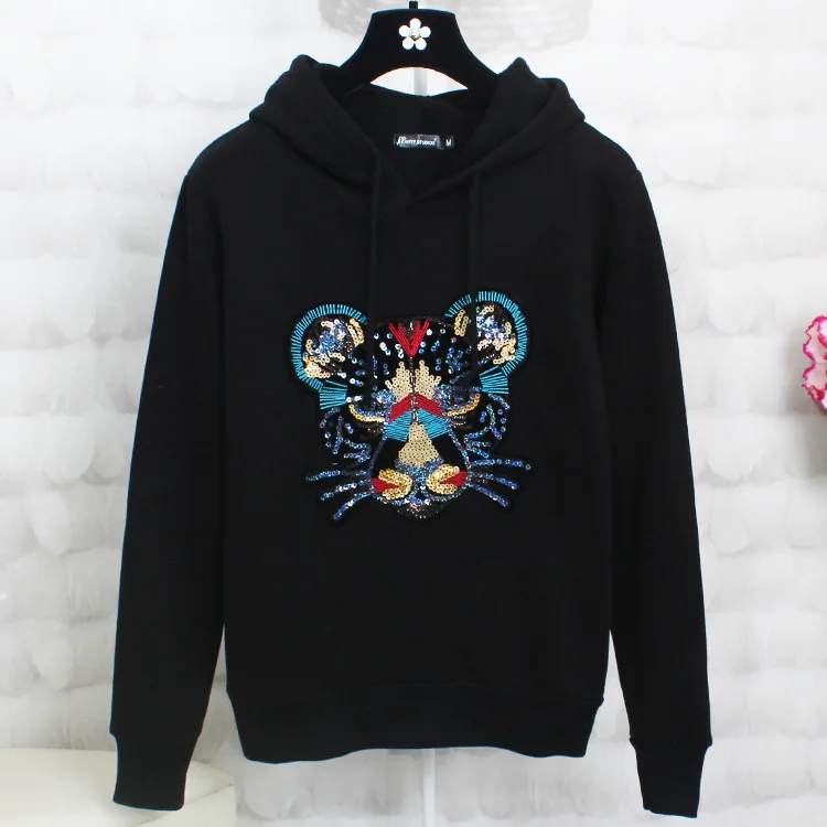 Tiger Sweatshirt Women Hooded 2017 Long Sleeve Embroidery Sequin Tracksuits Fleece Thick Warm 