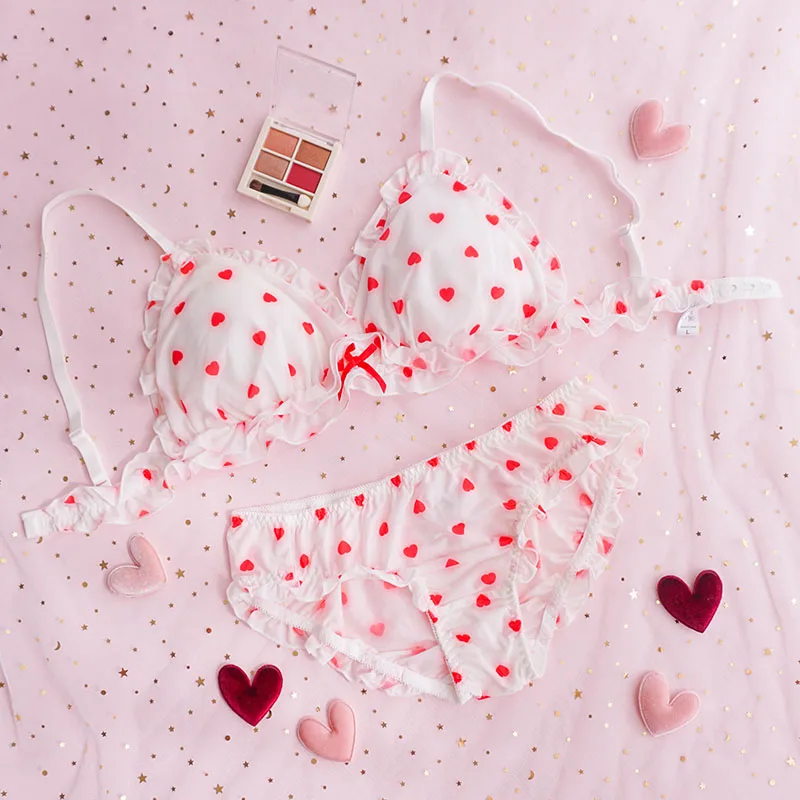 

Young Girls Kawaii Love Printed Milk Silk Sleep Underwear Lingerie Set Japanese Bra & Panties Set Peach Hearts Intimates Set
