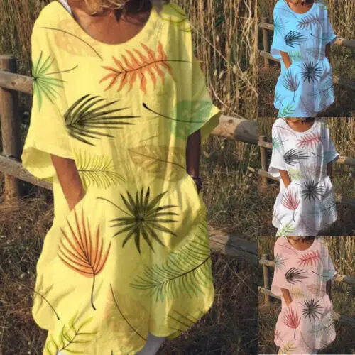 

Plus Size Women's Cotton Summer Short Sleeve Long T-Shirt Ladies Casual Dress