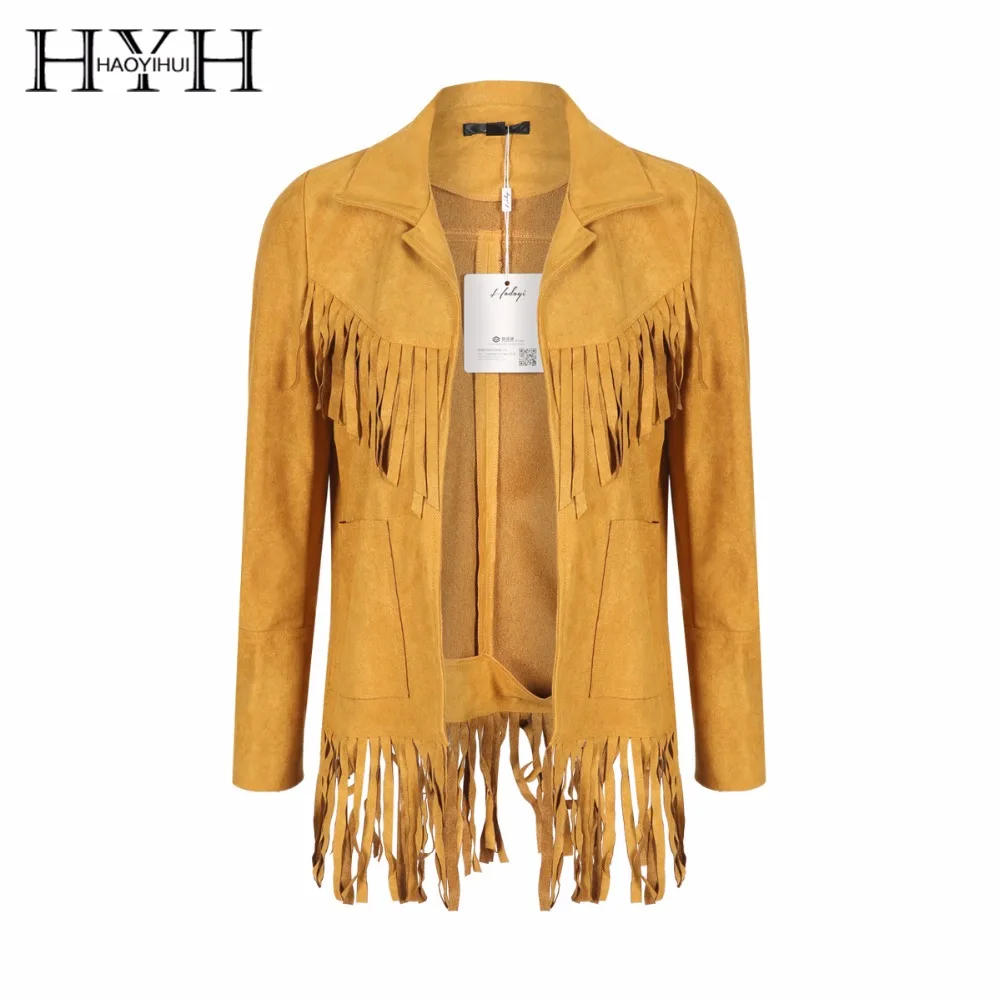 

HYH HAOYIHUI 2018 Yellow Women Basic Jacket Casual Tassel Loose Pocket Coat Streetwear Long Sleeve Open Front Female Otewear