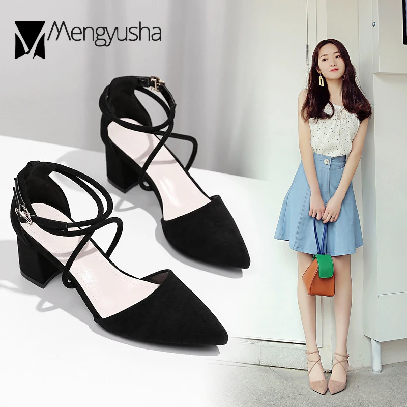 

Elegant Ladies Shoes Cross Tied Narrow Band Sandals Women Thick High Heels Pointy Toe Dress Shoes Flock Ladies Sandalias Mujer