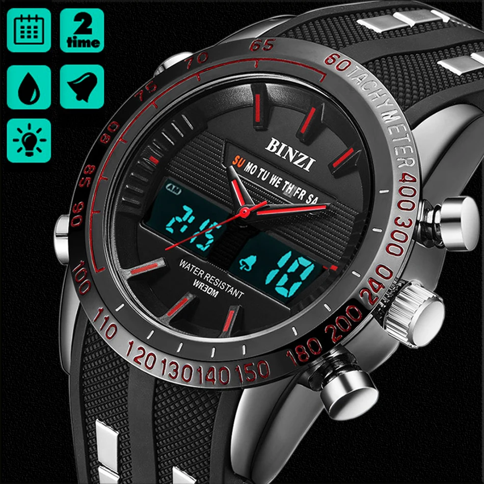 

BINZI Watch Men Watches Outdoor Sport Military Quartz relogio masculino Waterproof Male Clock 2018 Black Dual Display Watch xfcs