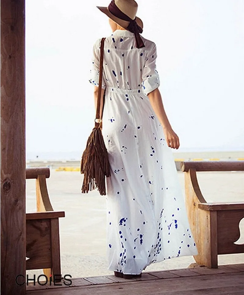 Women\'s Sexy Summer Dress 2016 New Boho Evening Party Maxi Long Dress Blue Dot White Color Elegant Holiday Beach Chiffon Dresses (5)