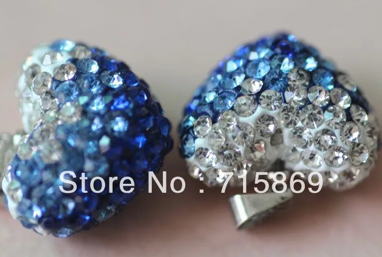 

15x13x10mm 200pcs Blue Crystal gradient polymer clay rhinestone heart pendant beads.charm necklace Rhinestone beads