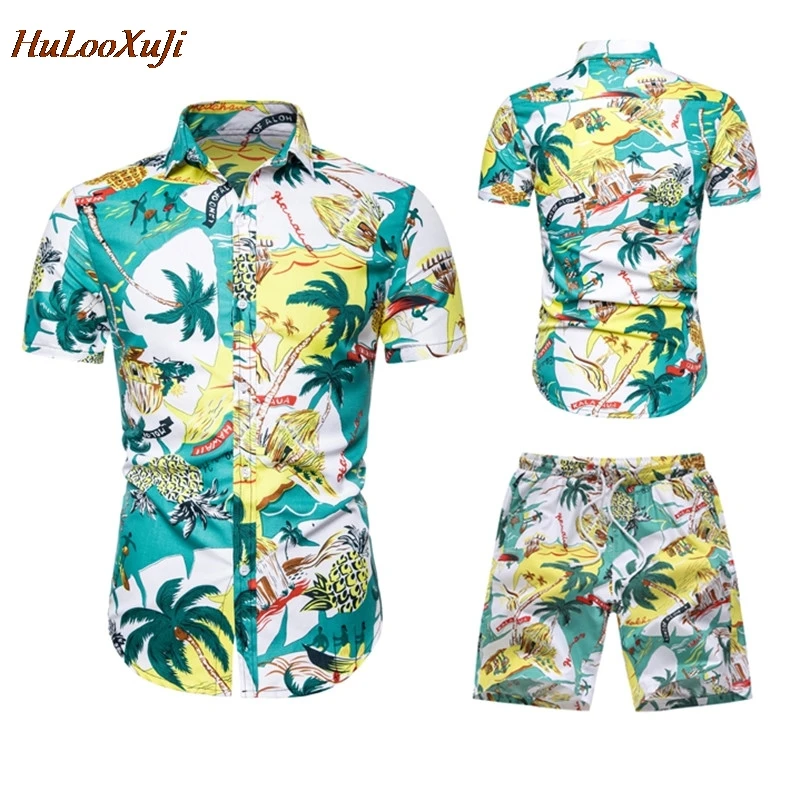 

HuLooXuJi Men Summer Sets Fashion Green Floral Print Shirts +Shorts Two Piece Set Short Sleeve ShirtsTracksuits US Size:S-2XL