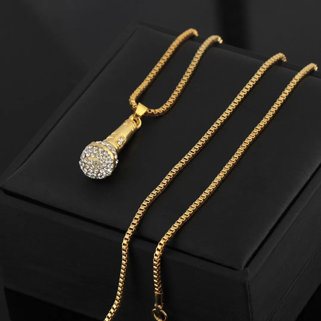 HIP Hop Gold Color Chain Necklace Shellhard Women Men Ice Out Microphone Pendant Necklace Charming Punk Jewelry