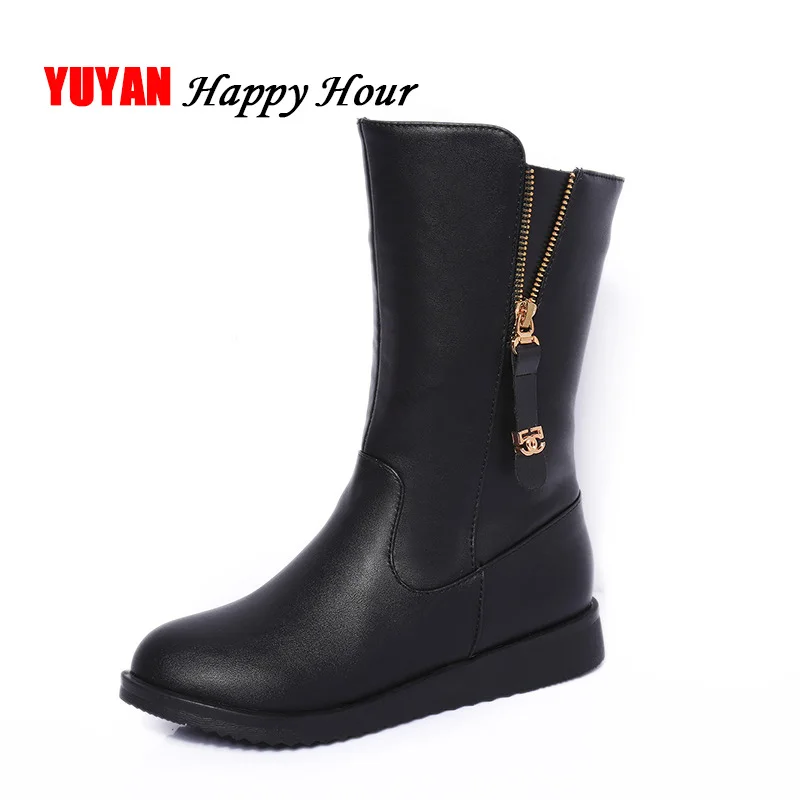 

2018 Winter Boots Women Soft Leather Winter Shoes Black High top Warm Plush for Cold Thick Sole Women's Boots Plus Size 10 A158