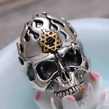 

MetJakt Punk Rock Skull Rings with Flame Hexagram Solid 925 Sterling Silver Rings for Cool Men Vintage Personalised Jewelry