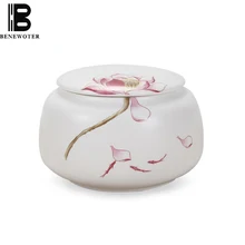 Краткое элегантный из белой керамики контейнеры для чая лотосы ручной росписи Чай Caddy еды, конфет канистра для хранения для сезонных приправ Кофе запечатанные банки