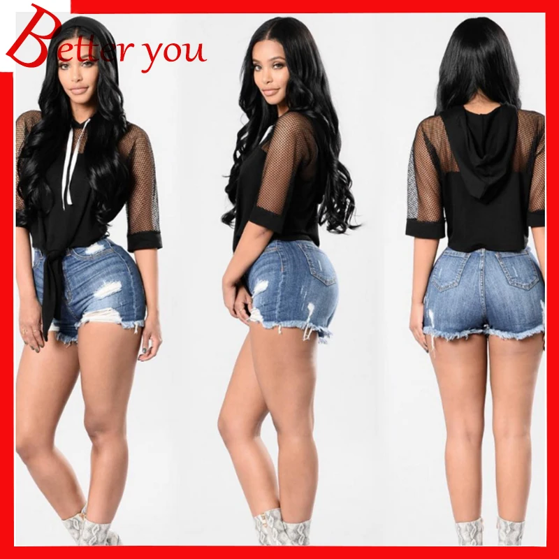 

2019 summer new popular shorts women hole high waist skinny denim shorts