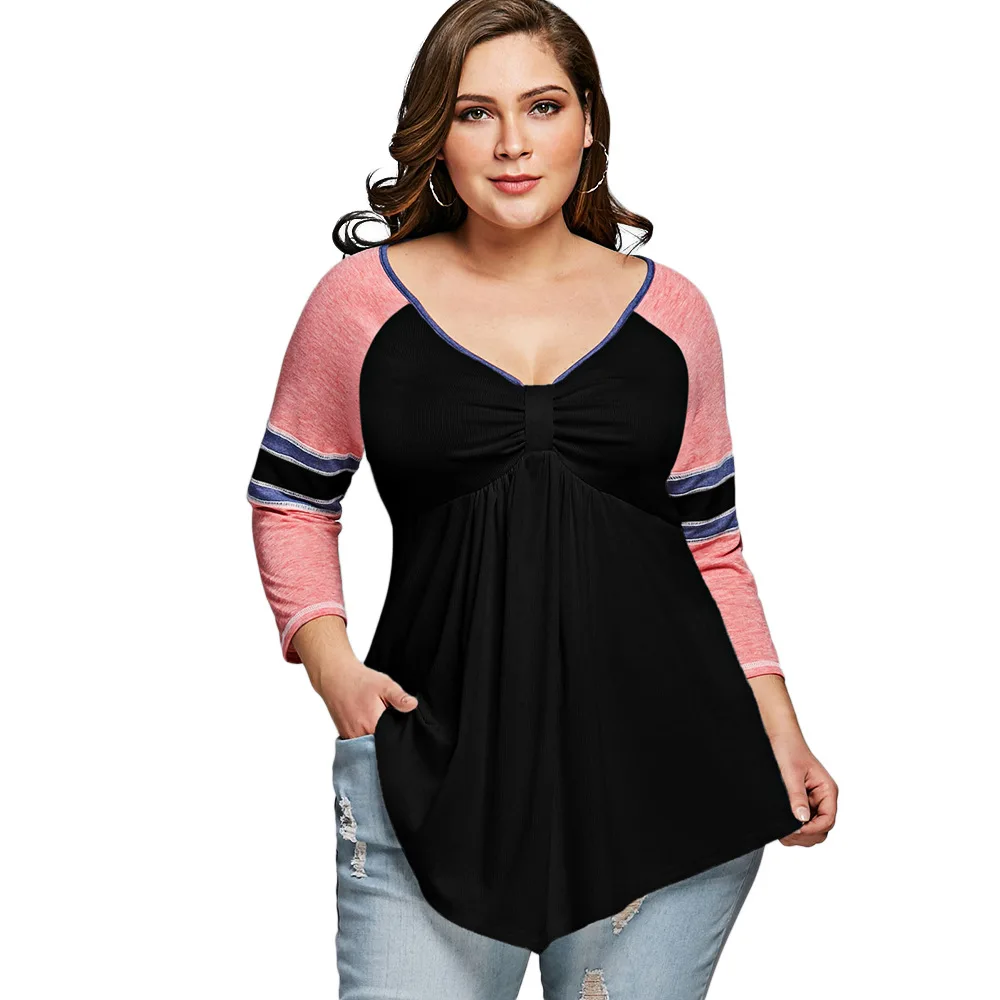 

Bachash Plus Size 5XL Autumn And Winter Large Size women's women's V-neck Contrast Color Stitching Shirt Bottoming Shirts