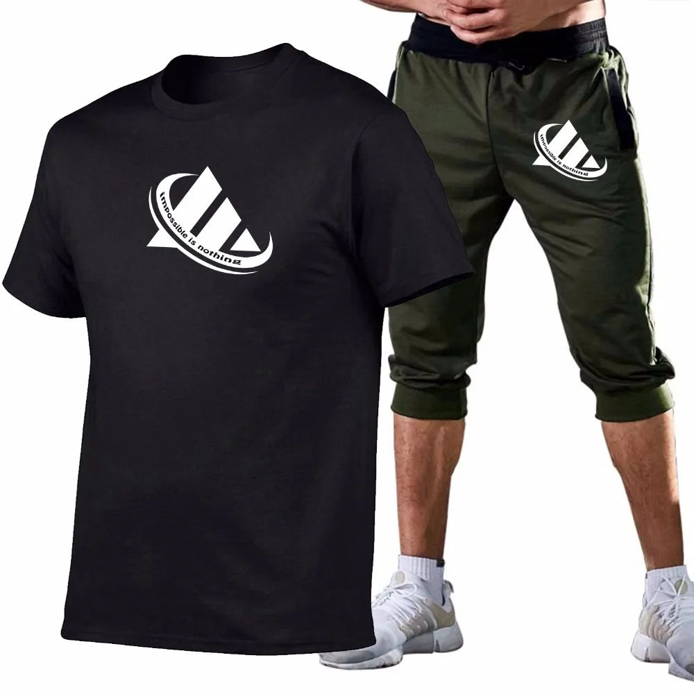 

New Summer ADI Men Set Sporting Suit Short Sleeve T shirt+Shorts Casual T-shirt Two Piece Set Sweat Gyms Fitness Tracksuit Mens