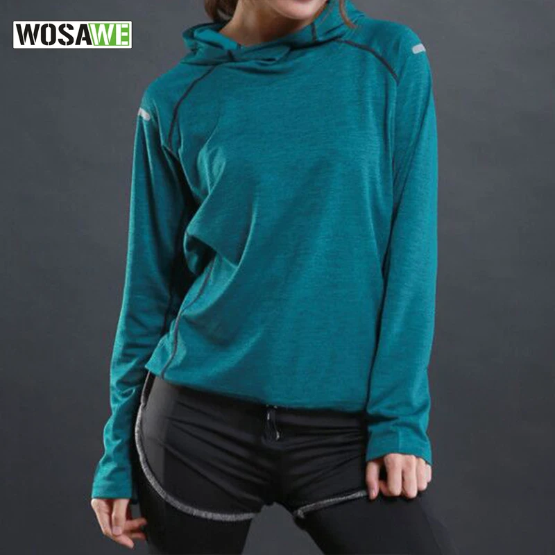 WOSAWE Running T Shirt with hooded for Women Sports Dry Quick Fitness Gym Shirt Ladies Long Sleeve T-shirt Jogging Jogger Tops