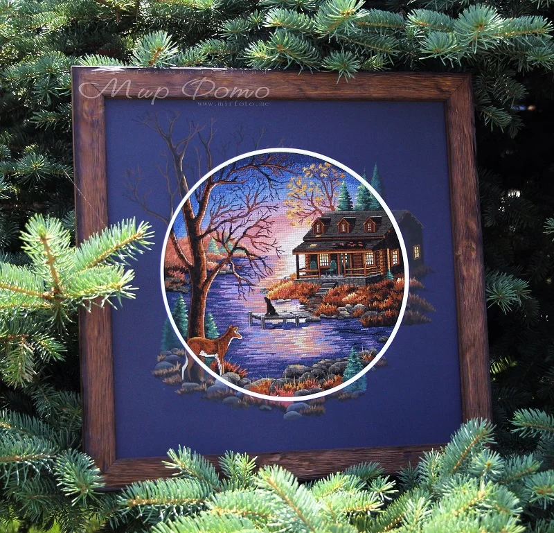 

The sunset on the lake cross stitch kit DMC brand thread animal dog count canvas fabric embroidery handmade needlework