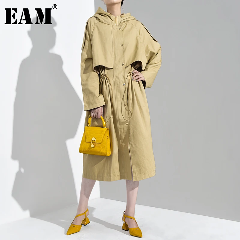 

[EAM] 2019 New Spring Autumn Hooded Long Sleeve Drawstring Pockets Loose Big Size Long Jacket Women Coat Fashion Tide UA124