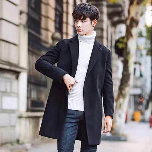 Новые модные однотонные Цвет длинное шерстяное пальто Для мужчин Slim fit элегантная мужская, в деловом, повседневном стиле куртка - Цвет: Черный