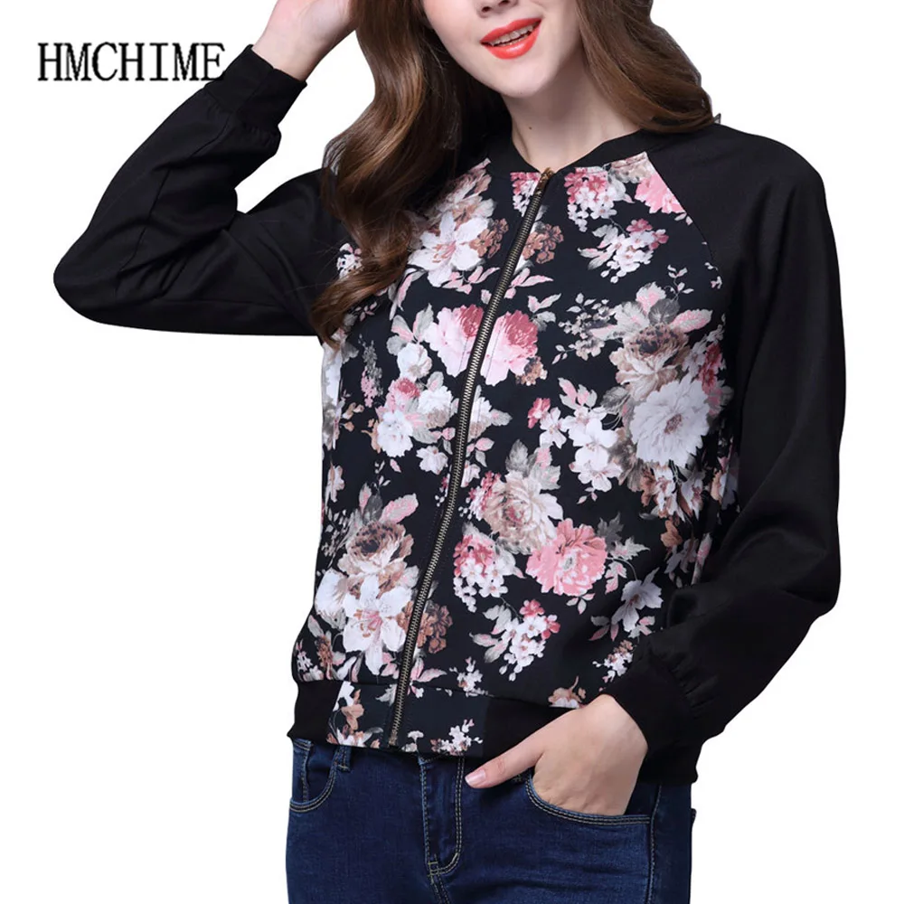 Print Flower Slim Women Jackets Zipper Fly Long Sleeve Round Collar