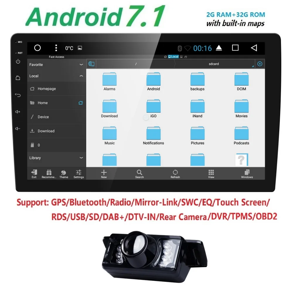

HIZPO 10.1" Android 8.1 Octa Core 2 DIN Car Radio 32GB Rotatable Face Panel 2.5D Curved Screen Stereo Player GPS OBD DVR No DVD