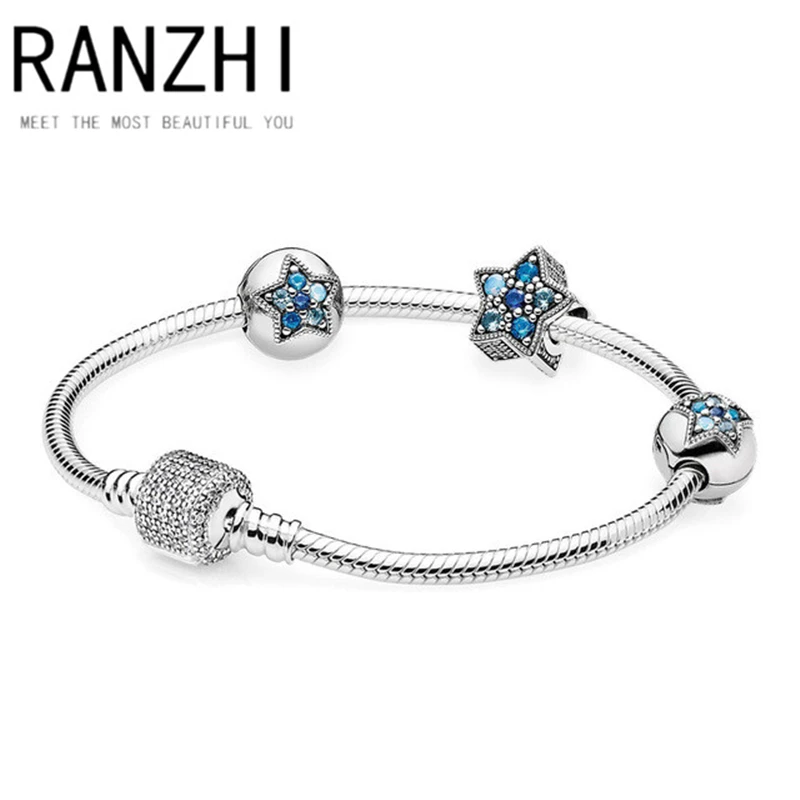 

RZ PAN 100% 925 sterling silver genuine original new 1:1 blue star stars bracelet original charm DIY ladies jewelry gift