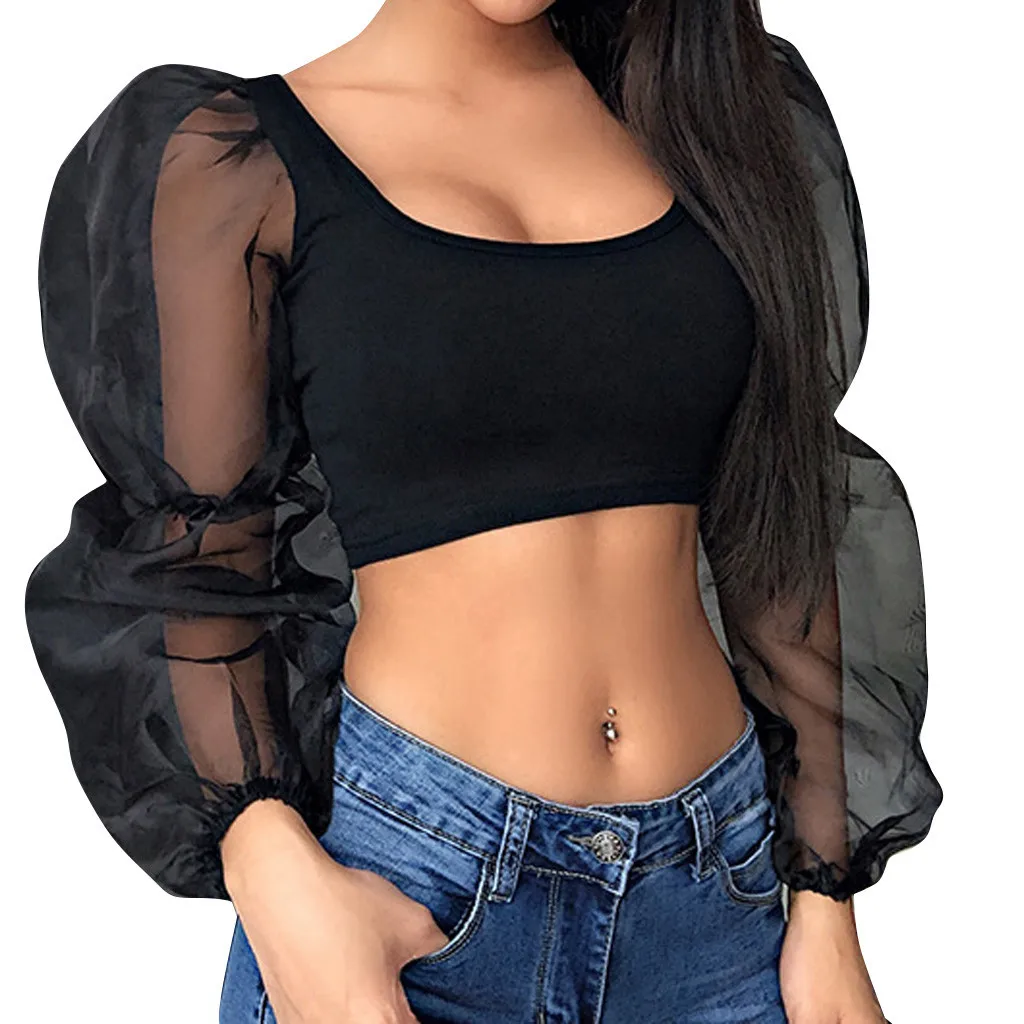 

womens tops and blouses O-Neck Tank Perspective Puff Sleeve Short Tops Blouse blusas mujer de moda 2019 #50