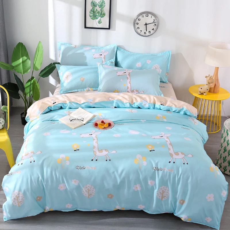 

Cartoon Light Blue Plum Pattern 100% Polyester Bedding Sets 4Pcs Bed Linings Duvet Cover Set Bed Sheet Pillowcases Cover Set