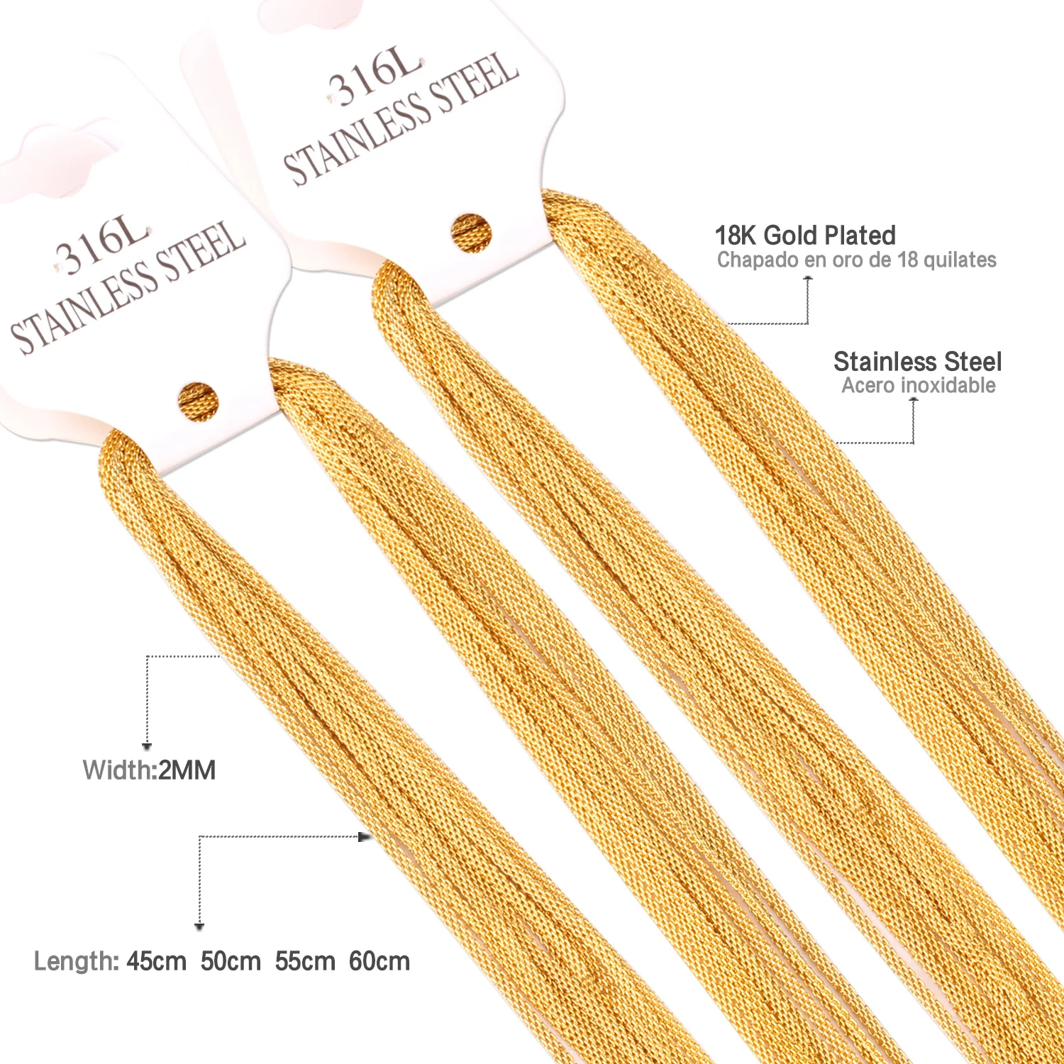 Luxxissids покрытие 10 шт./лот золото/сталь 2 мм веревка цепи 45 см 50 см 55 см 60 см модные ювелирные изделия цепи ожерелья