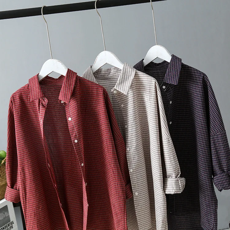  Women Vintage Blouse Plaid Shirts Boho Style OG0698